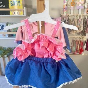 Pink Polka Dot Top with Demin Skirt